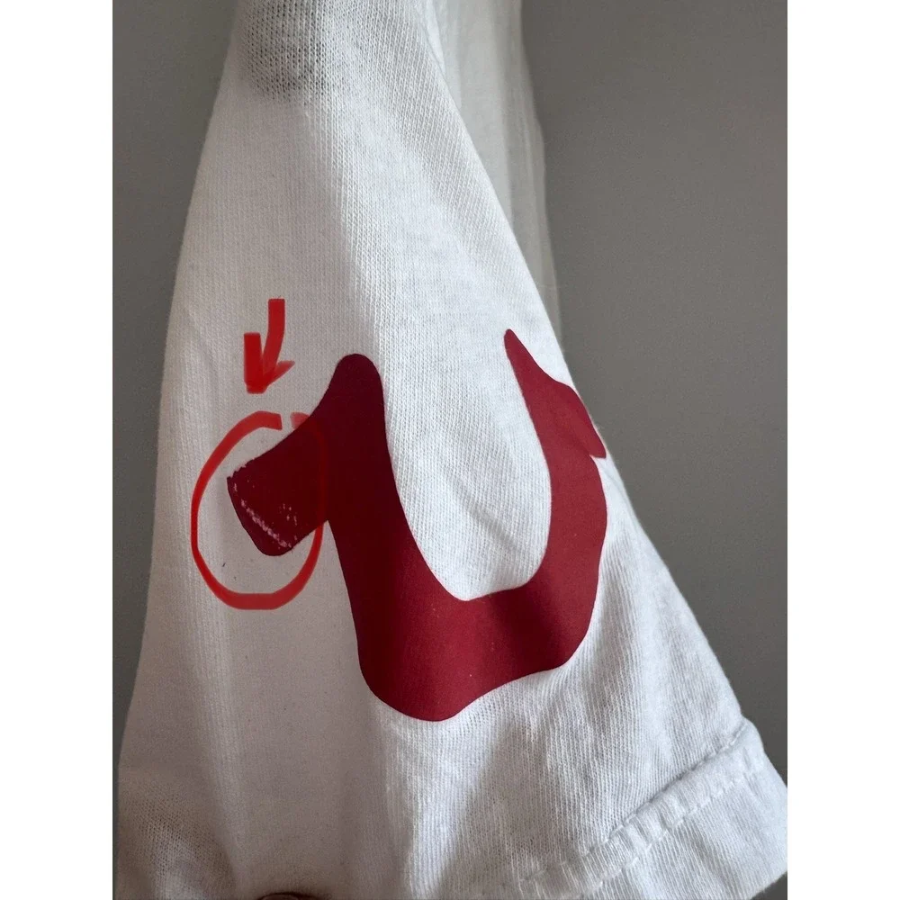 True Religion Logo Tee Short Sleeve Crew Neck T-Shirt White Red Graphic Size M
